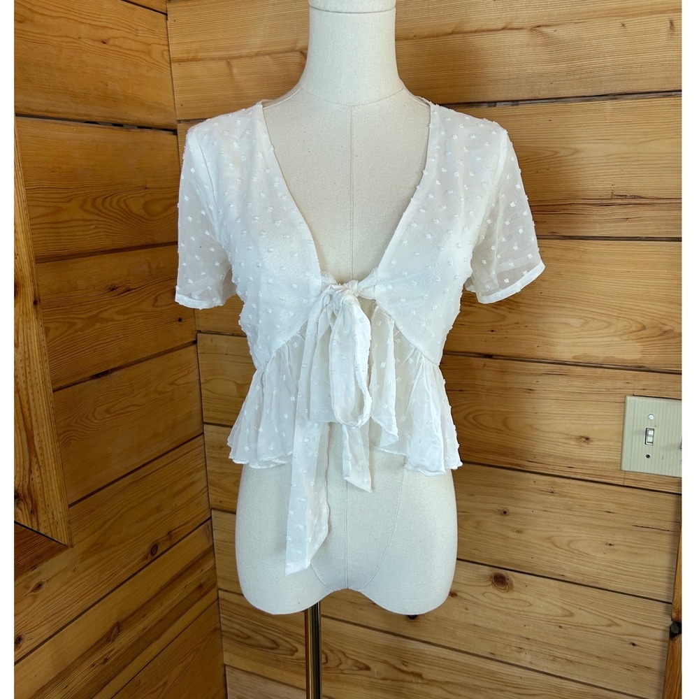 Tie Front Crop Top Womens Small White Swiss Dot Peplum Sheer V Neck Wild Fable